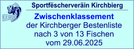 Sportfëscherveräin Kirchbierg Zwischenklassement  der Kirchberger Bestenliste nach 3 von 13 Fischen vom 29.06.2025