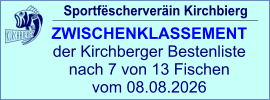 Sportfëscherveräin Kirchbierg ZWISCHENKLASSEMENT  der Kirchberger Bestenliste nach 7 von 13 Fischen vom 08.08.2026