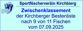 Sportfëscherveräin Kirchbierg Zwischenklassement  der Kirchberger Bestenliste nach 9 von 11 Fischen vom 07.09.2025