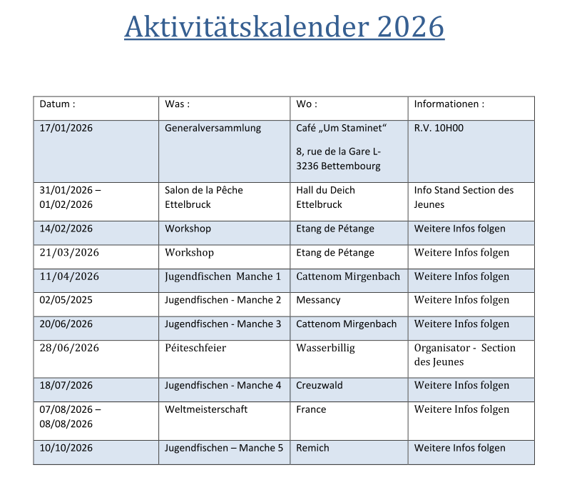 Aktivitätskalender 2026 Datum : Was : Wo : Informationen : 17/01/2026 Generalversammlung Café „Um Staminet“  8, rue de la Gare L-3236 Bettembourg R.V. 10H00 31/01/2026 – 01/02/2026 Salon de la Pêche Ettelbruck Hall du Deich Ettelbruck Info Stand Section des Jeunes 14/02/2026 Workshop Etang de Pétange Weitere Infos folgen 21/03/2026 Workshop Etang de Pétange Weitere Infos folgen 11/04/2026 Jugendfischen  Manche 1 Cattenom Mirgenbach Weitere Infos folgen 02/05/2025 Jugendfischen - Manche 2 Messancy Weitere Infos folgen 20/06/2026 Jugendfischen - Manche 3 Cattenom Mirgenbach Weitere Infos folgen 28/06/2026 Péiteschfeier Wasserbillig Organisator -  Section des Jeunes 18/07/2026 Jugendfischen - Manche 4 Creuzwald Weitere Infos folgen 07/08/2026 – 08/08/2026 Weltmeisterschaft France Weitere Infos folgen 10/10/2026 Jugendfischen – Manche 5 Remich Weitere Infos folgen