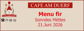 CAFE AM DUERF Menu fir  Sonndes Mëttes 21.Juni 2026 77 00 32