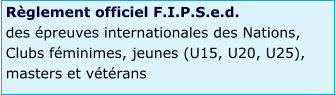 Règlement officiel F.I.P.S.e.d.  des épreuves internationales des Nations,  Clubs féminimes, jeunes (U15, U20, U25),  masters et vétérans
