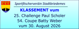 Sportfëscherveräin Stadtbriedemes KLASSEMENT vum 25. Challenge Paul Scholer 54. Coupe Batty Weber vum 30. August 2026