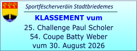 Sportfëscherveräin Stadtbriedemes KLASSEMENT vum 25. Challenge Paul Scholer 54. Coupe Batty Weber vum 30. August 2026