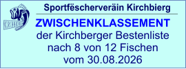 Sportfëscherveräin Kirchbierg ZWISCHENKLASSEMENT  der Kirchberger Bestenliste nach 8 von 12 Fischen vom 30.08.2026