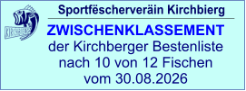 Sportfëscherveräin Kirchbierg ZWISCHENKLASSEMENT  der Kirchberger Bestenliste nach 10 von 12 Fischen vom 30.08.2026