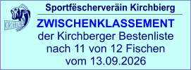 Sportfëscherveräin Kirchbierg ZWISCHENKLASSEMENT  der Kirchberger Bestenliste nach 11 von 12 Fischen vom 13.09.2026