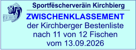 Sportfëscherveräin Kirchbierg ZWISCHENKLASSEMENT  der Kirchberger Bestenliste nach 11 von 12 Fischen vom 13.09.2026