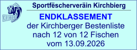 Sportfëscherveräin Kirchbierg ENDKLASSEMENT  der Kirchberger Bestenliste nach 12 von 12 Fischen vom 13.09.2026