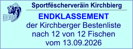Sportfëscherveräin Kirchbierg ENDKLASSEMENT  der Kirchberger Bestenliste nach 12 von 12 Fischen vom 13.09.2026